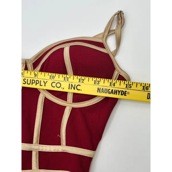 BLASHE Bodycon Dress Sz Small Burgundy Tan Bustier Bandage Spaghetti Straps Sexy - Image 9