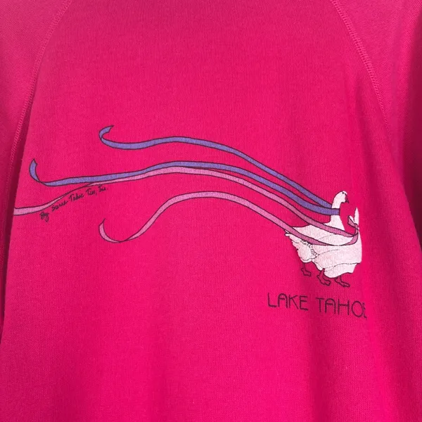 Vintage 80s Hanes Lake Tahoe Goose‎ Graphic Sweatshirt Pink Made in USA Large - Image 2