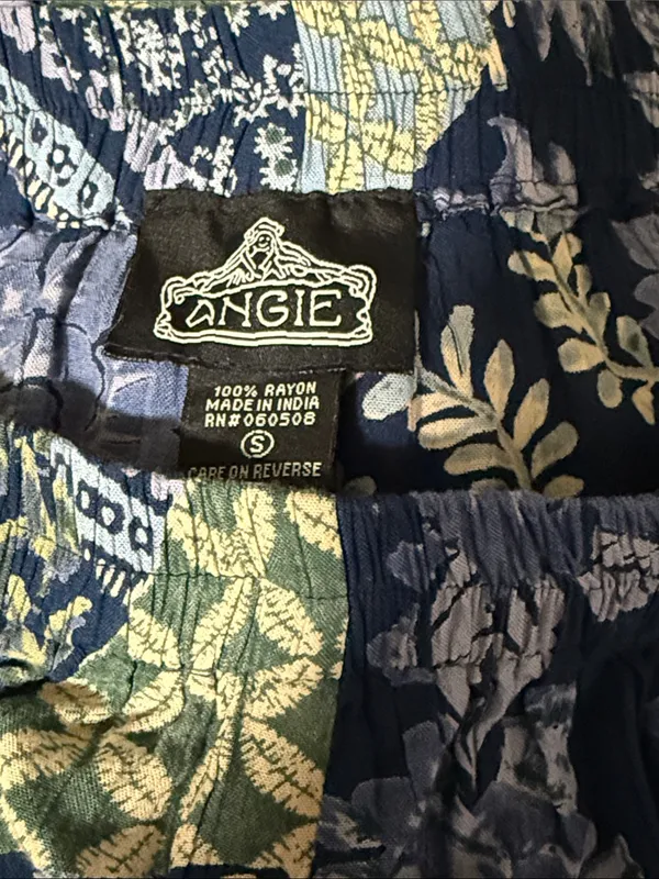 Angie Blue Patchwork Floral Wide‎ Leg Boho Pants Smocked Size Small - Image 2