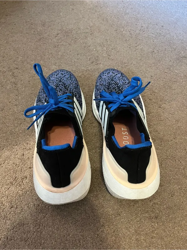adidas Ultraboost Black & Blue Knit Athletic Sneakers with White Stripes - Image 4