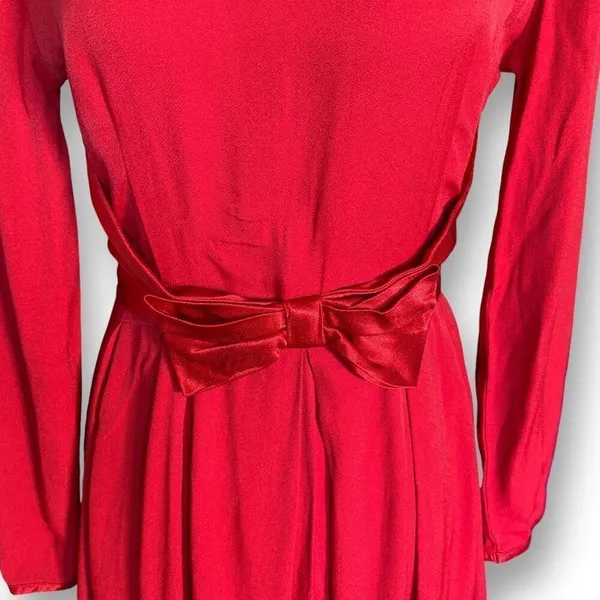 Vintage Nina Piccalino Cherry Red Dress Satin‎ Bow Detail Scoopneck Long Sleeve - Image 4