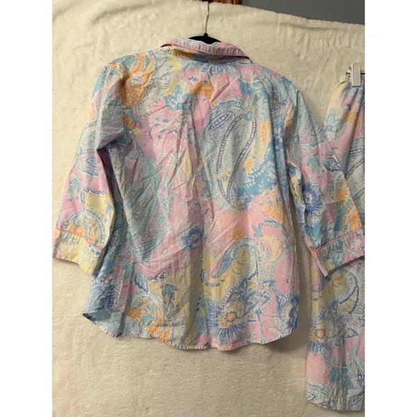 Lauren Ralph Lauren Pajama Set Womens Medium Pink Paisley Cotton 3/4 Sleeve Crop - Image 13