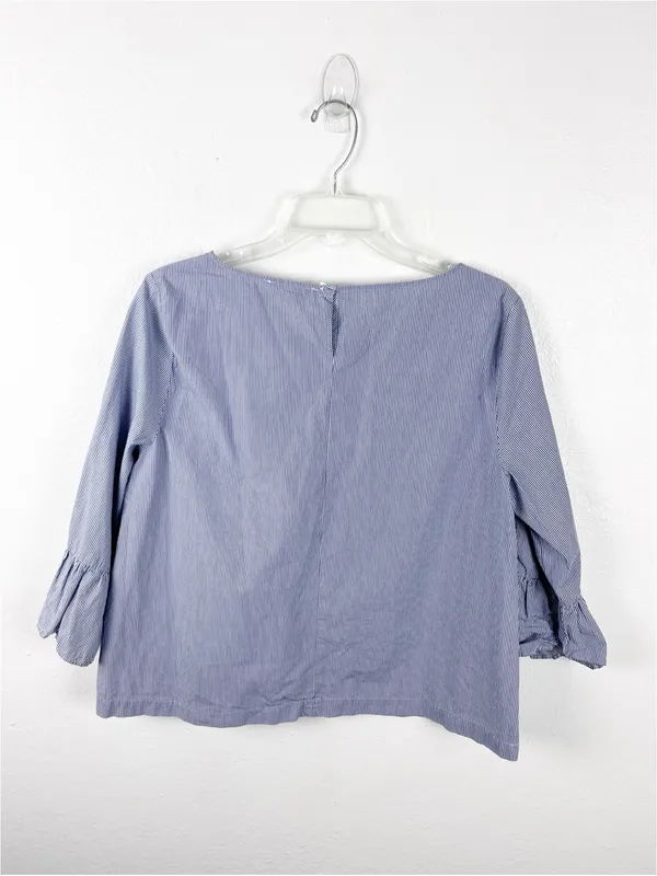MADEWELL Blue White Striped 100% Cotton 3/4 Bell Sleeves Poplin Top Size Medium - Image 2