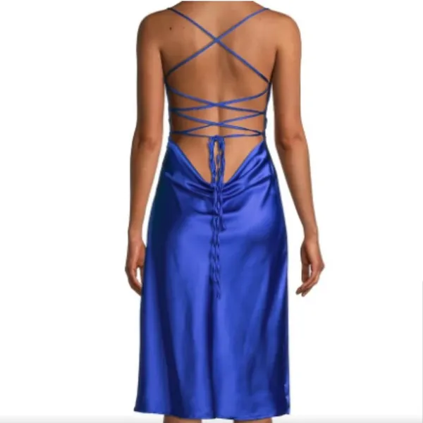 DANIELLE BERNSTEIN Blue Satin Lace Up Midi Dress - Image 3