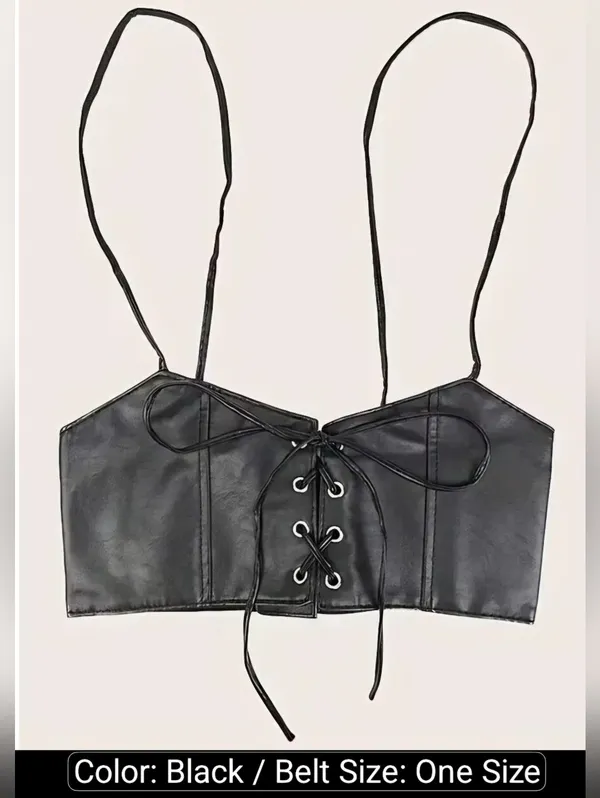 Black Lace Up Corset Style‎ Faux Leather Belt Waist Cincher One Size - Image 10