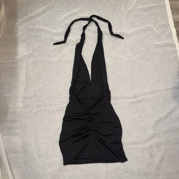 SHEIN Small Black Halter Deep V Neck Ruched Bodycon Formal Dress Open Back NWOT - Image 3