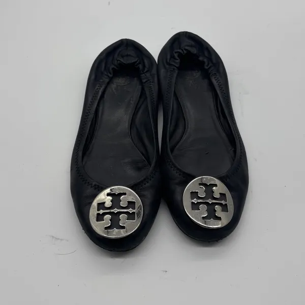Tory Burch Minnie Travel Ballet Flats Black Leather Silver Logo Medallion - Image 8