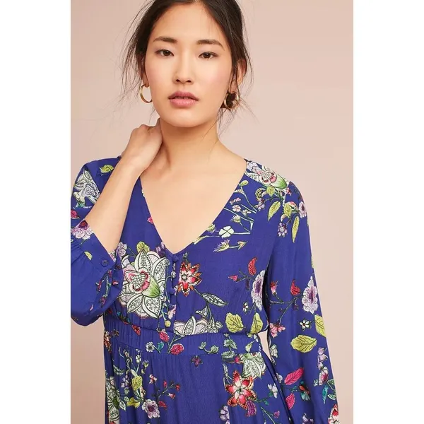 Maeve by Anthropologie Women's XS Blue Floral Long Sleeve Knee Length Dress‎ - Image 2