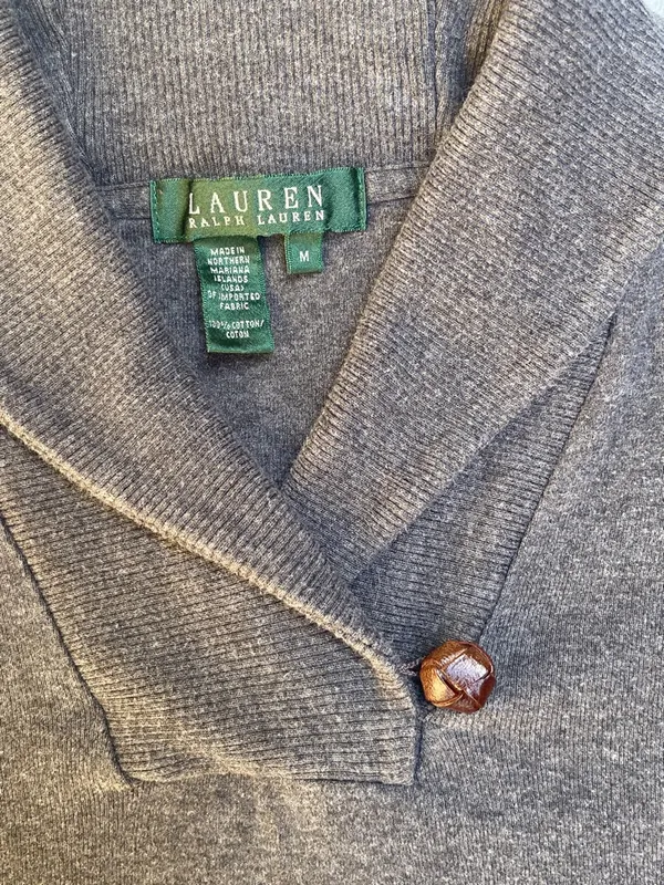 Lauren Ralph Lauren Shawl Collar 100% Cotton Sweater Heathered Gray Preppy M - Image 5