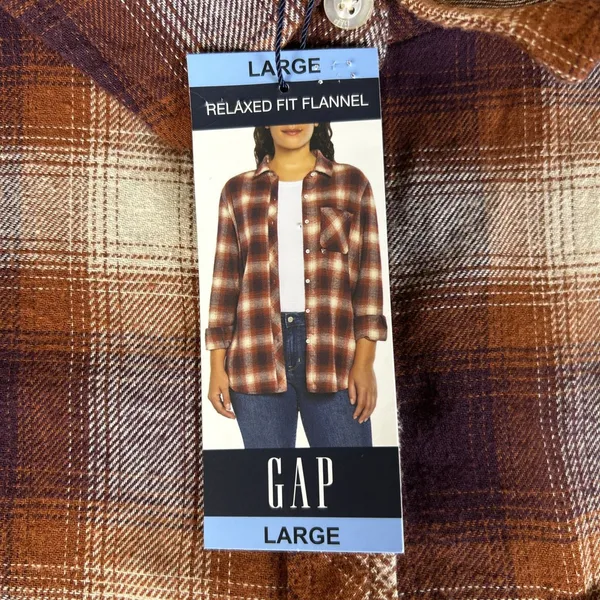 GAP Women's Soft Cotton Flannel Relaxed Fit Brown Plaid Women’s Large - Image 3