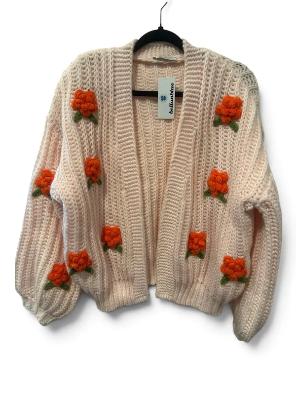 Vervet S Cozy Floral Pom-Pom Cardigan in Blush Pink - Image 2