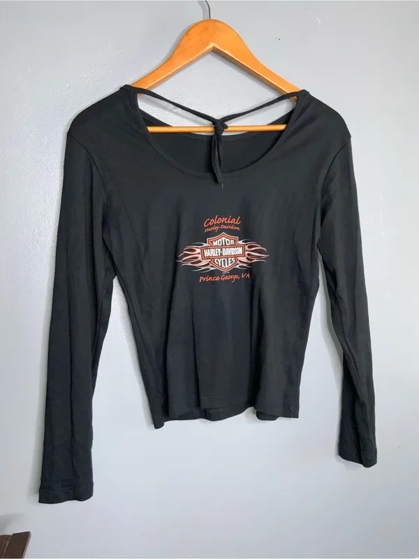 90’s Harley-Davidson Black Long-Sleeve Top with Orange Logo Small - Image 3