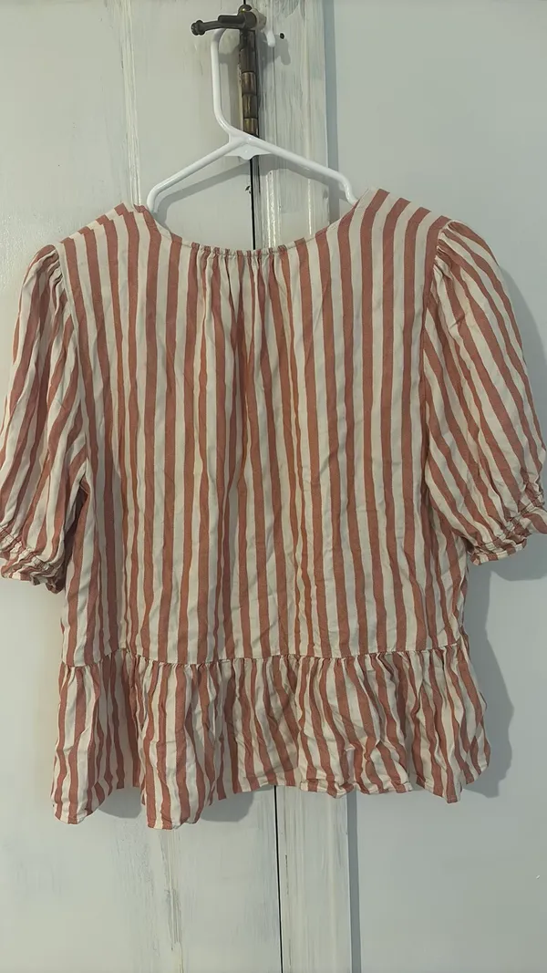 Madewell Blouse Pink Striped White Ruffle Bottom Medium - Image 3