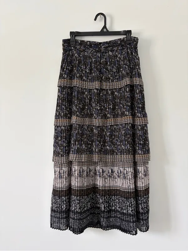 Antonio Melani Gwyneth Floral Tiered Printed Pleated Boho Blue Tan Maxi Skirt - Image 4
