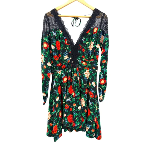 Anthropologie Black Floral Lace Trim V-Neck Long Sleeve Mini Dress 8 Whimsygoth - Image 3