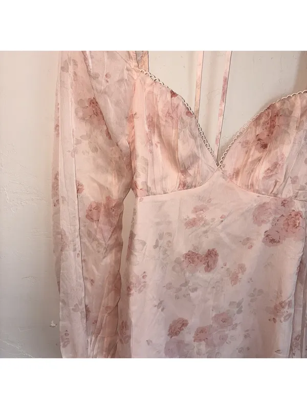 NWT Lulus Lovely Poise Light Pink Floral Tie-Back Long Sleeve Mini Dress Size M - Image 5