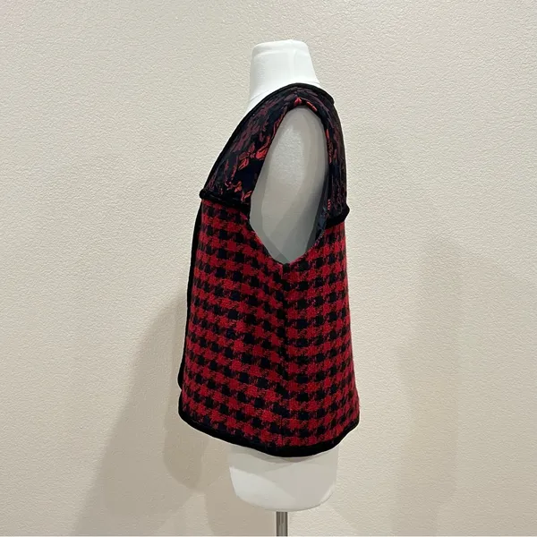 Coldwater Creek Red & Black Jacquard Floral Houndstooth Vest Velvet Trim Large - Image 4