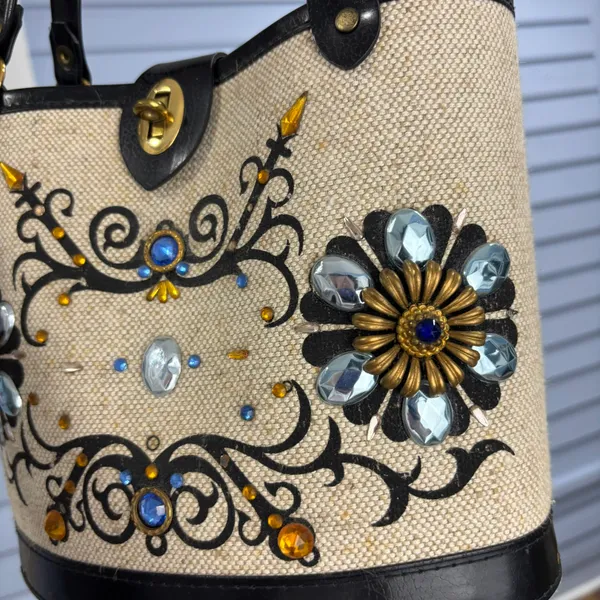 Vintage 60s Enid Collins Style Jeweled Floral Canvas Bucket Bag Purse - Image 3