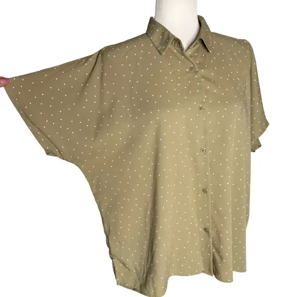 UNIQLO M Olive Green Polka Dot Rayon Boxy Button Down Boyfriend Top Blouse Y2K - Image 2