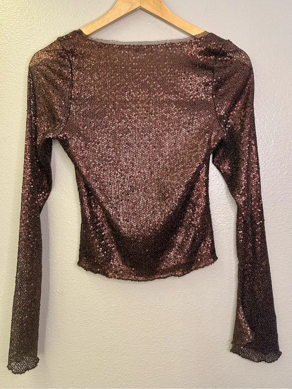 NWT Free People Intimately Late Night Disco Layering Top Sequin Hot Fudge Brown - Image 4