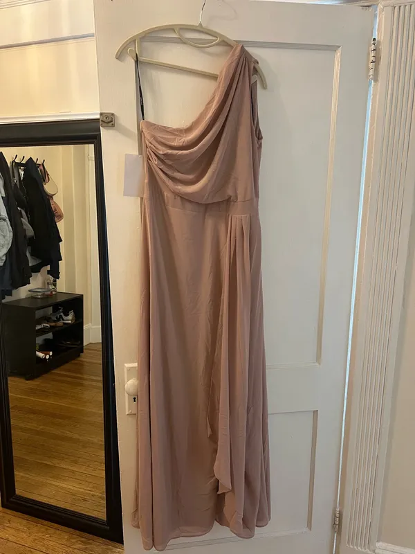 ASOS TFNC Bridesmaid chiffon one-shoulder drape maxi dress in soft pink - Image 2