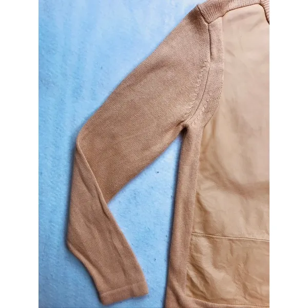 Terry Lewis Sweater Womens Medium Tan Leather Trim Ramie‎ Cotton Mock Neck - Image 7