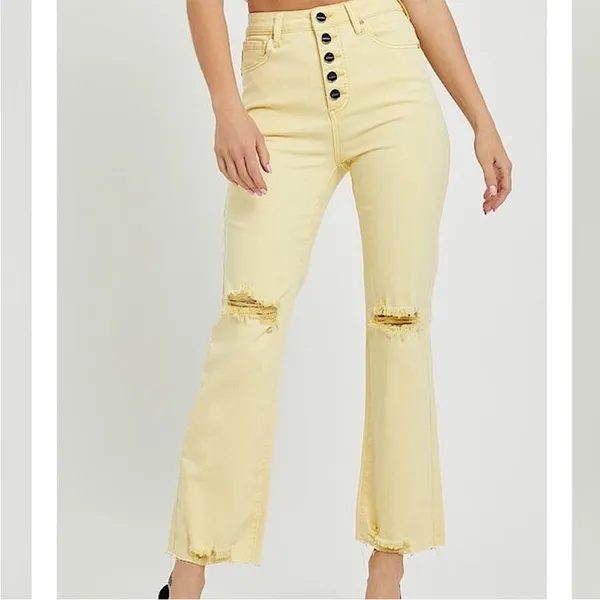 RISEN: PALE YELLOW‎ High Rise button fly distressed Ankle Straight Pant 32! - Image 2