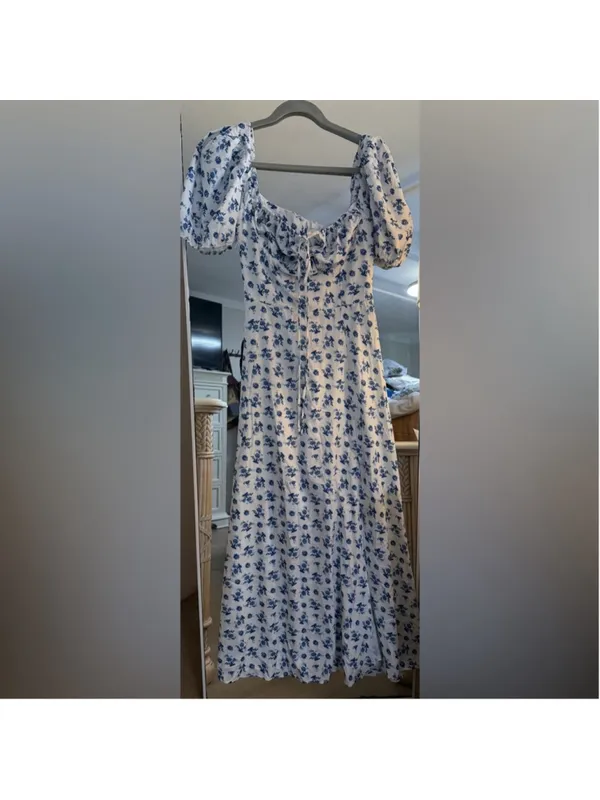 NEW Puff Sleeve Floral Split Maxi Flowy A Line Beach Dress M $59 - Image 4
