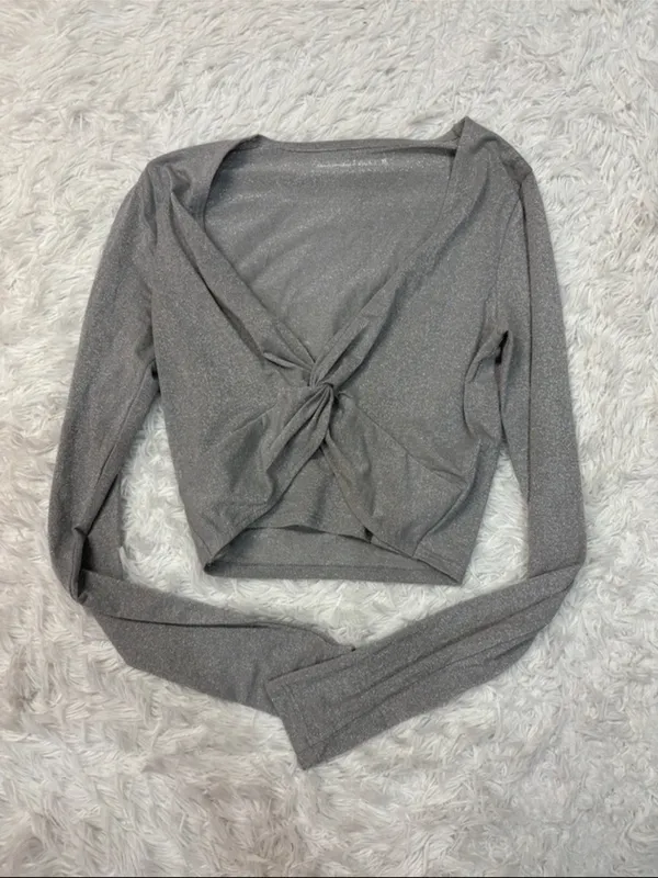 Abercrombie Shimmer Knot-Front Long Sleeve Top - Gray - Image 2