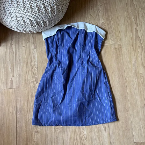 With Jean Navy Pinstripe Strapless Dress with White Trim - Image 2