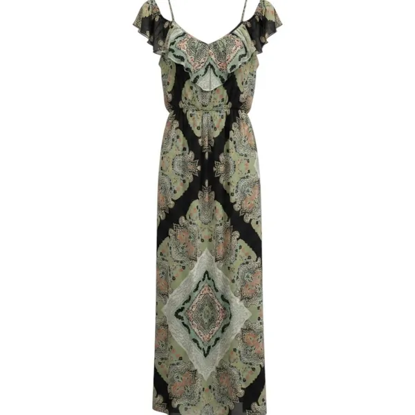Lily Rose Teal Navy Paisley Cold Shoulder Maxi‎ Dress Ruffle V-Neck Boho Medium - Image 2