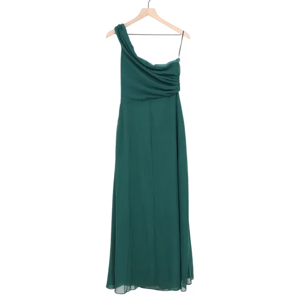 Maxi Bridesmaid Dress Womens Sage Green Pleated One Shoulder Front Slit - Image 3