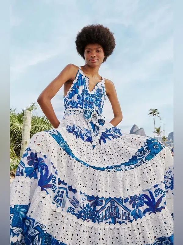 Farm Rio 100% cotton white blue tired maxi dress size xl - Image 12