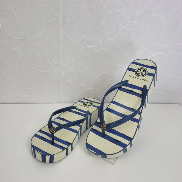 Tory Burch Womens Sandals Size 6.5 White and Blue Stripe Slip On Heels - Image 7