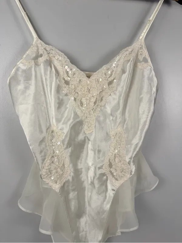Vintage 97 Victoria's Secret Satin Lace Teddy Bodysuit S Ivory Ruffle Lingerie - Image 2