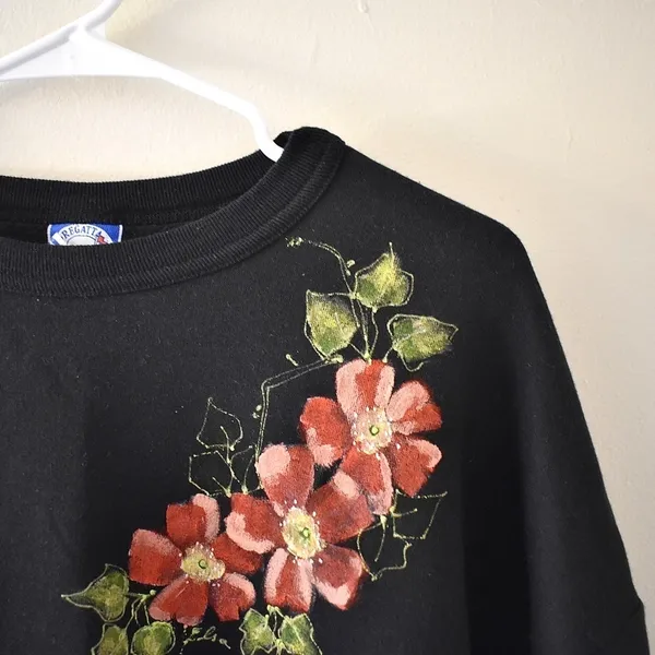 XL- Hand Painted Floral Black Women's Crewneck Australian Vintage Sweater‎ - Image 2