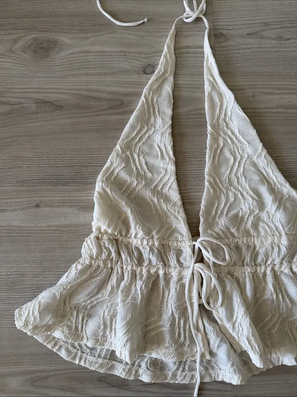 Zara Cream Textured Halter Tie-Front Top - Image 3