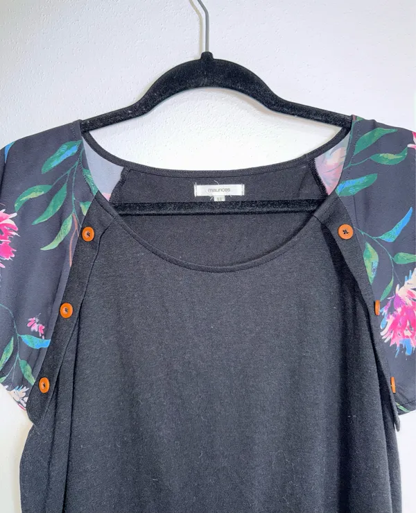 Maurices Floral Flutter Sleeve Top Black Multi Button Contrast - Image 2
