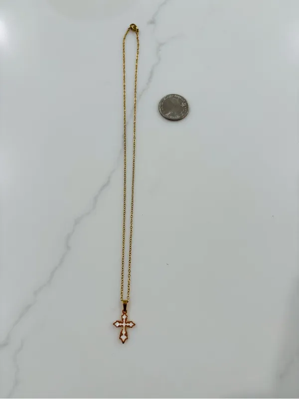 Gold plated Cross Pendant Necklace white inlay cute preppy religious Christian - Image 2
