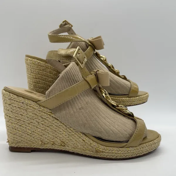 Kate Spade Womens 7.5 Shoes Nude Beige Espadrille Wedge Bow Linked-Chain Heels‎ - Image 2