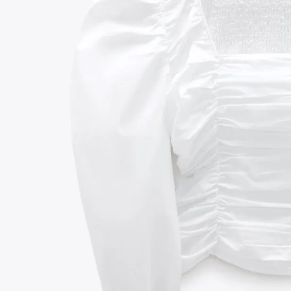 Zara White Poplin Ruched Smocked Balloon Sleeve Crop Top - Image 4