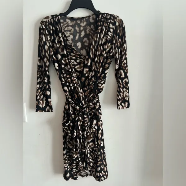 BCBGMAXAZRIA Zaria Wrap Dress Leopard Print Tie Waist 3/4 Sleeve Size S - Image 7