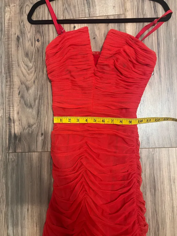 Dress the Population Ferra Rouge Red Ruched Midi Dress XS Strapless - Image 12