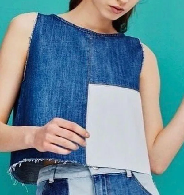 ZARA Patchwork 2-Tone Denim Raw Hem Tank Top Blue White Size Small 5575/012/400 - Image 4