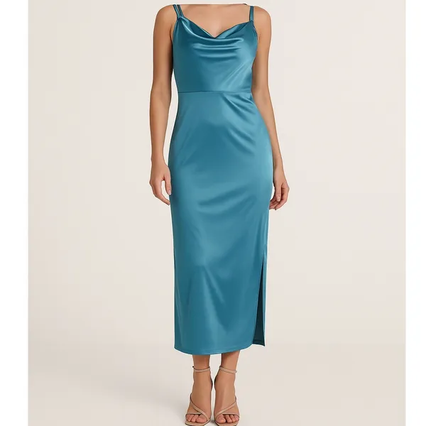 VENUS Teal Satin Slip Dress Size 8 Cowl Neck Adjustable‎ Straps Midi Slit Party - Image 12