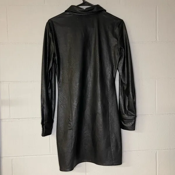 Vintage Havana Black Leather Ruched Shirt Dress Long Sleeve Women’s Size Small - Image 7