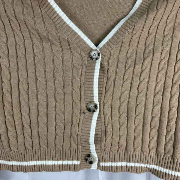 Love Tree Womens Large Cable Knit Cardigan Tan V-Neck Button-Up Sweater - Image 2