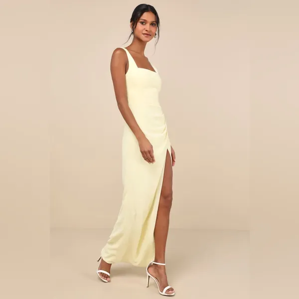 Lulus Glamorous Disposition Light Yellow Ruched Maxi Dress - Image 4