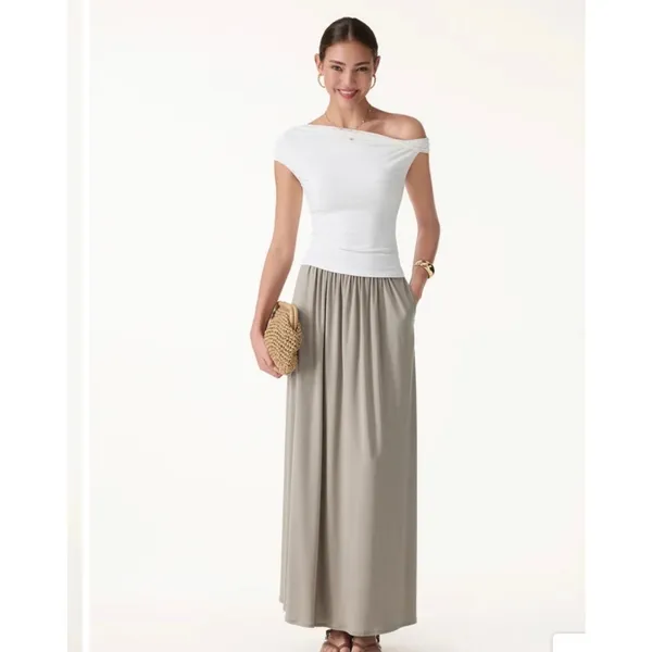 OGL Move Gray Maxi Skirt Long Flowy High Rise Elastic Waist Pockets Size L - Image 2