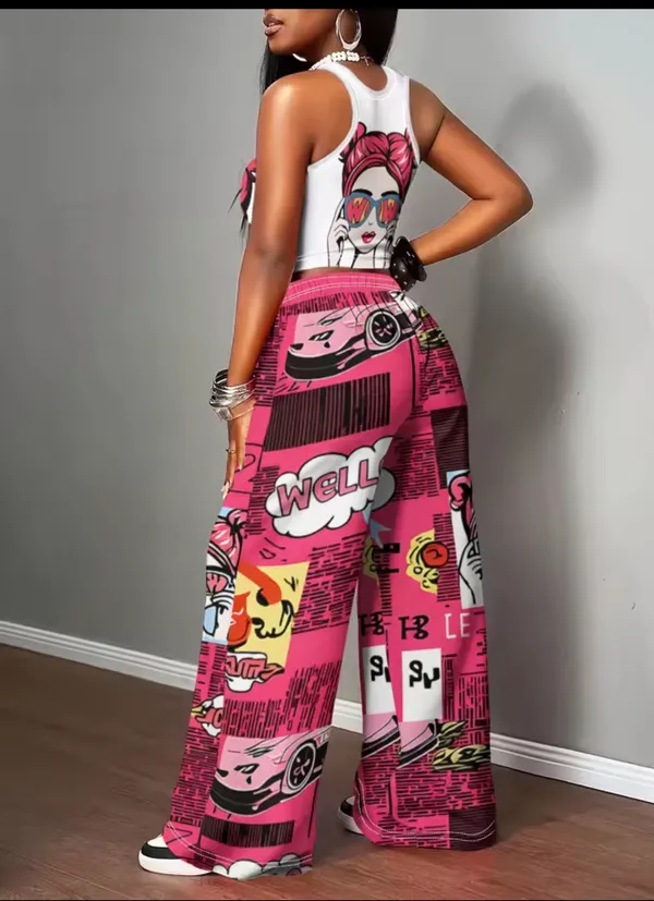 Women’s Pink Graphic Two-Piece Crop Top & Wide-Leg Pants Set - Image 4